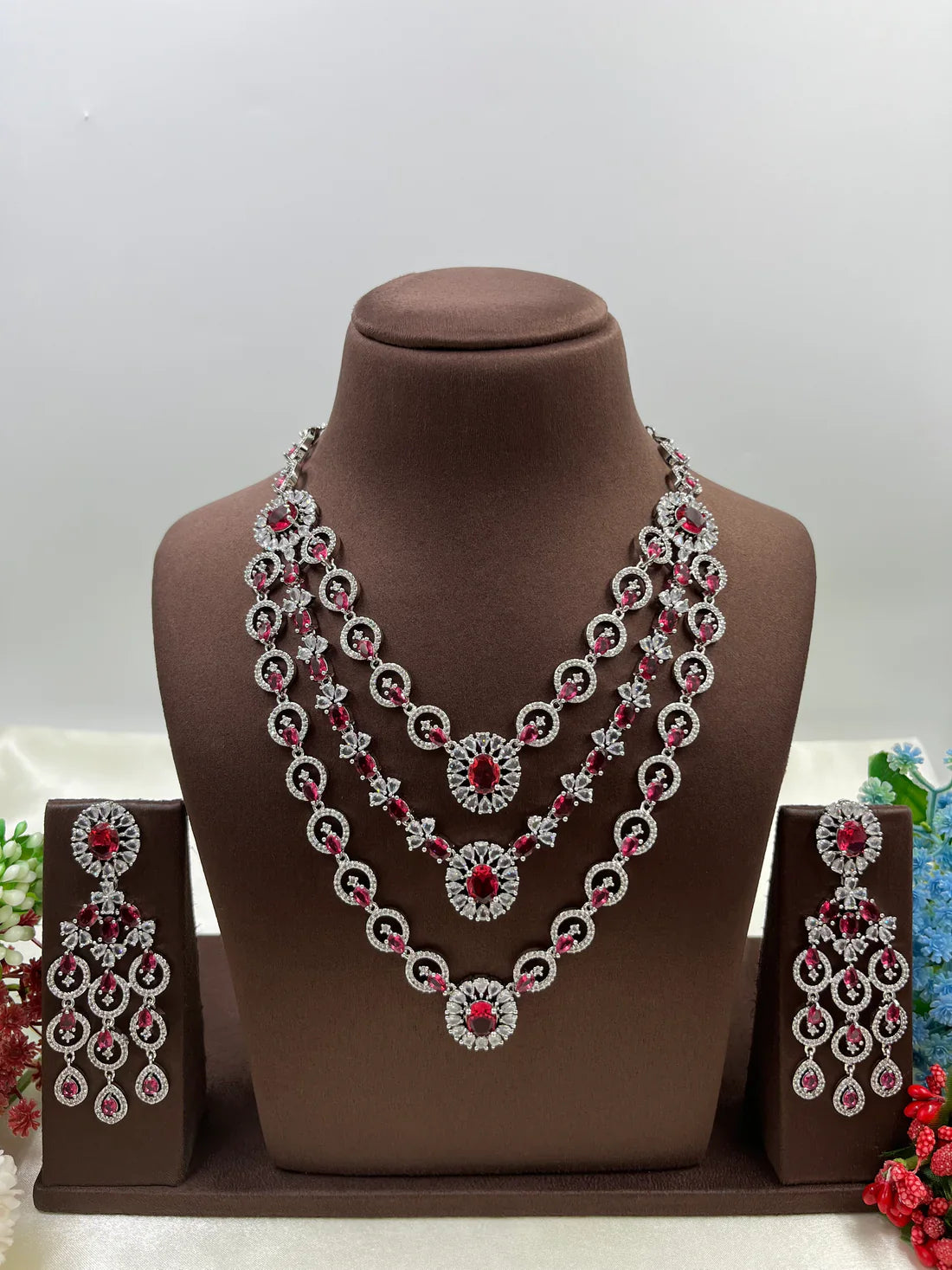 Luxury Ruby Red American Diamond Bridal Necklace Set with Long Chandelier Earrings Silver Plated Wedding & Party Jewellery for Women
