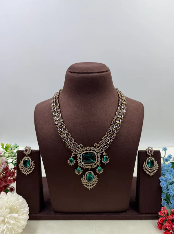American Diamond Semi Necklace Set with Earrings Silver-Tone White Gold Finish Bridal & Party Wear Jewellery for Women