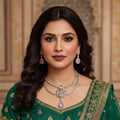 American Diamond Double Layer Necklace Set with Pink Teardrop Pendant & Matching Earrings | Elegant Bridal & Party Wear Jewellery