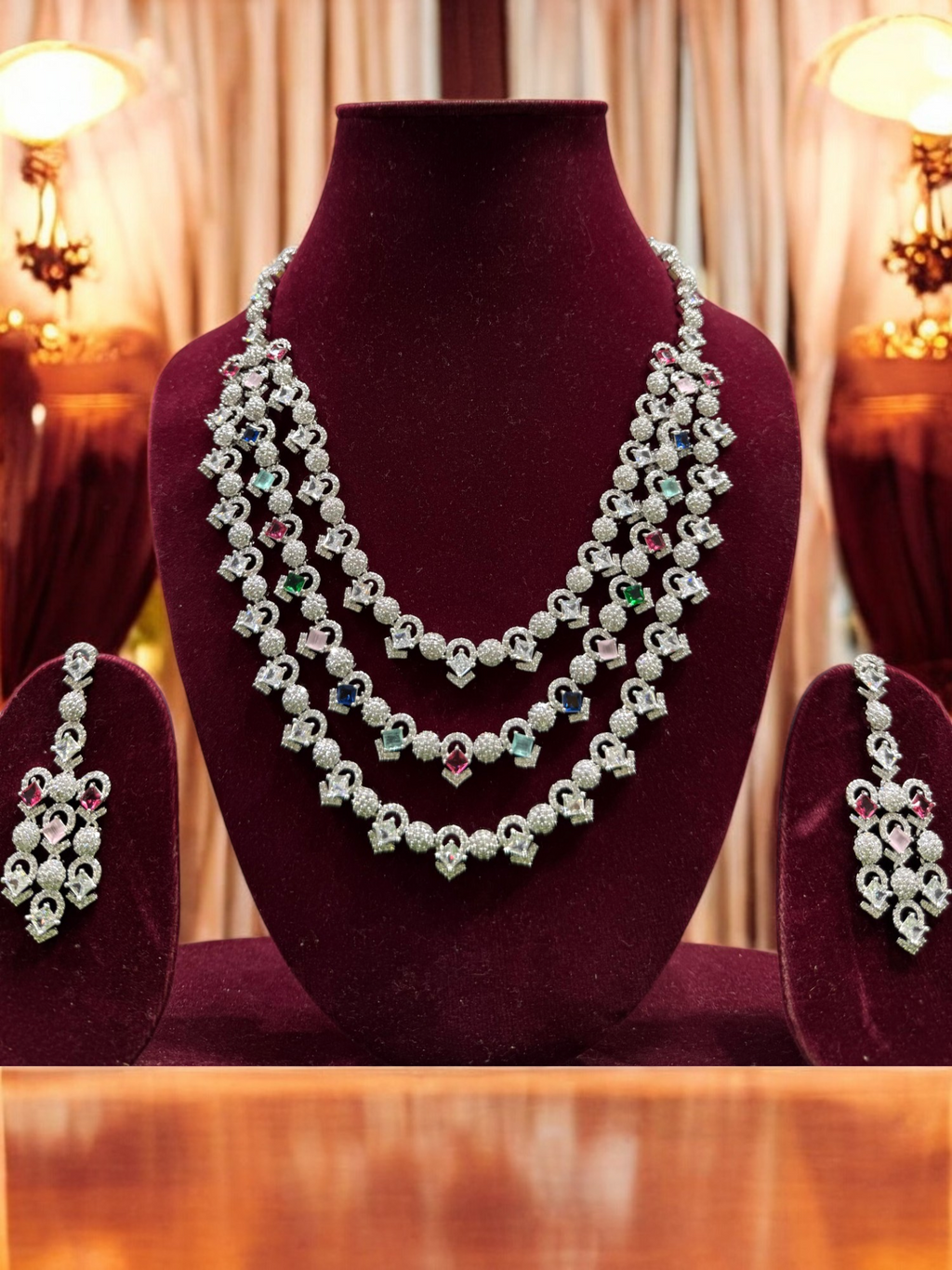 Pakistani Silver Tripple Layer Kundan Necklace Earrings Set, Pakistani Silver Multi Layer Pearl Necklace Set, Indian Silver Layered Kundan Jewelry Set, Rajsthani Kundan Necklace Set