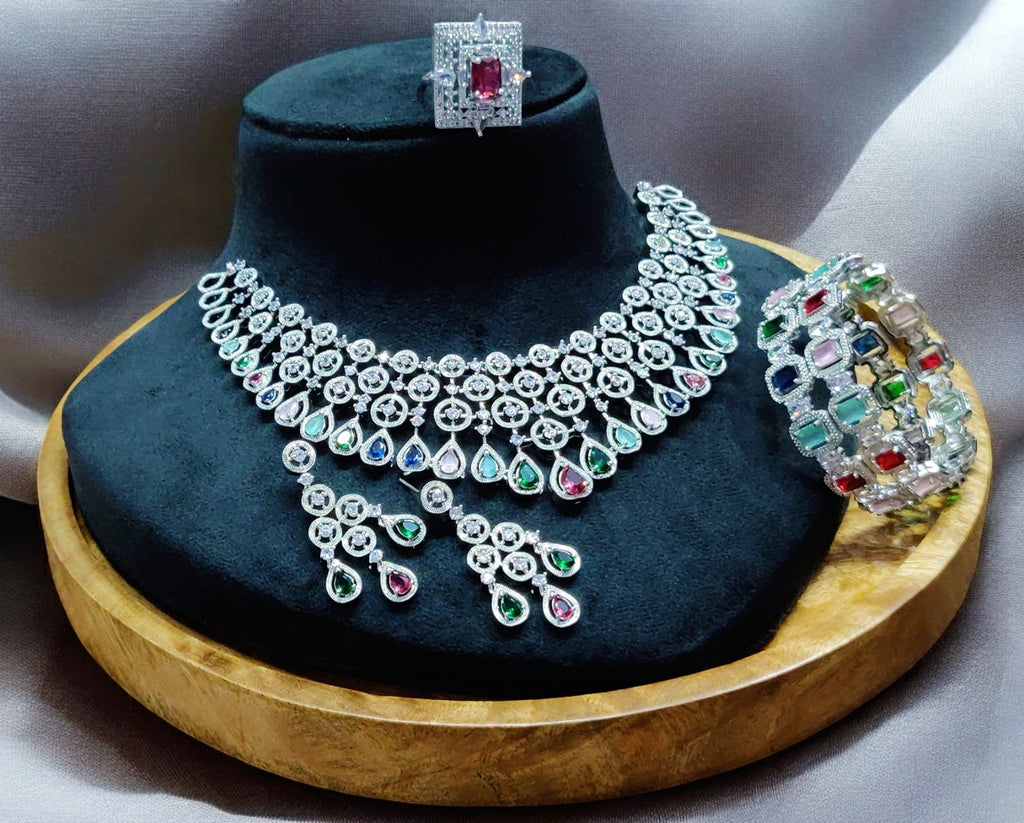 Stunning American Diamond Necklace Earrings Set with Bangles Ring, AD Necklace, AD Earrings Set, AD BAngles, AD Ring, Bridal CZ Jewelry Set, Indian AD Jewelry Set