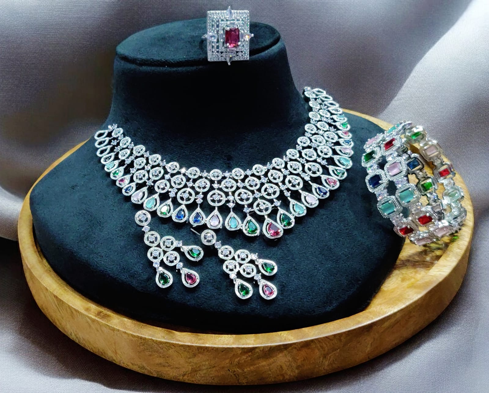 Stunning American Diamond Necklace Earrings Set with Bangles Ring, AD Necklace, AD Earrings Set, AD BAngles, AD Ring, Bridal CZ Jewelry Set, Indian AD Jewelry Set