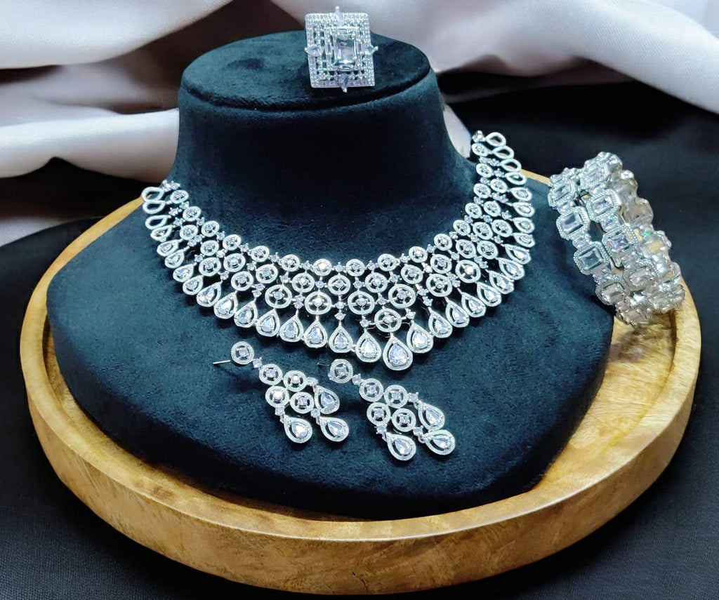 Stunning American Diamond Necklace Earrings Set with Bangles Ring, AD Necklace, AD Earrings Set, AD BAngles, AD Ring, Bridal CZ Jewelry Set, Indian AD Jewelry Set