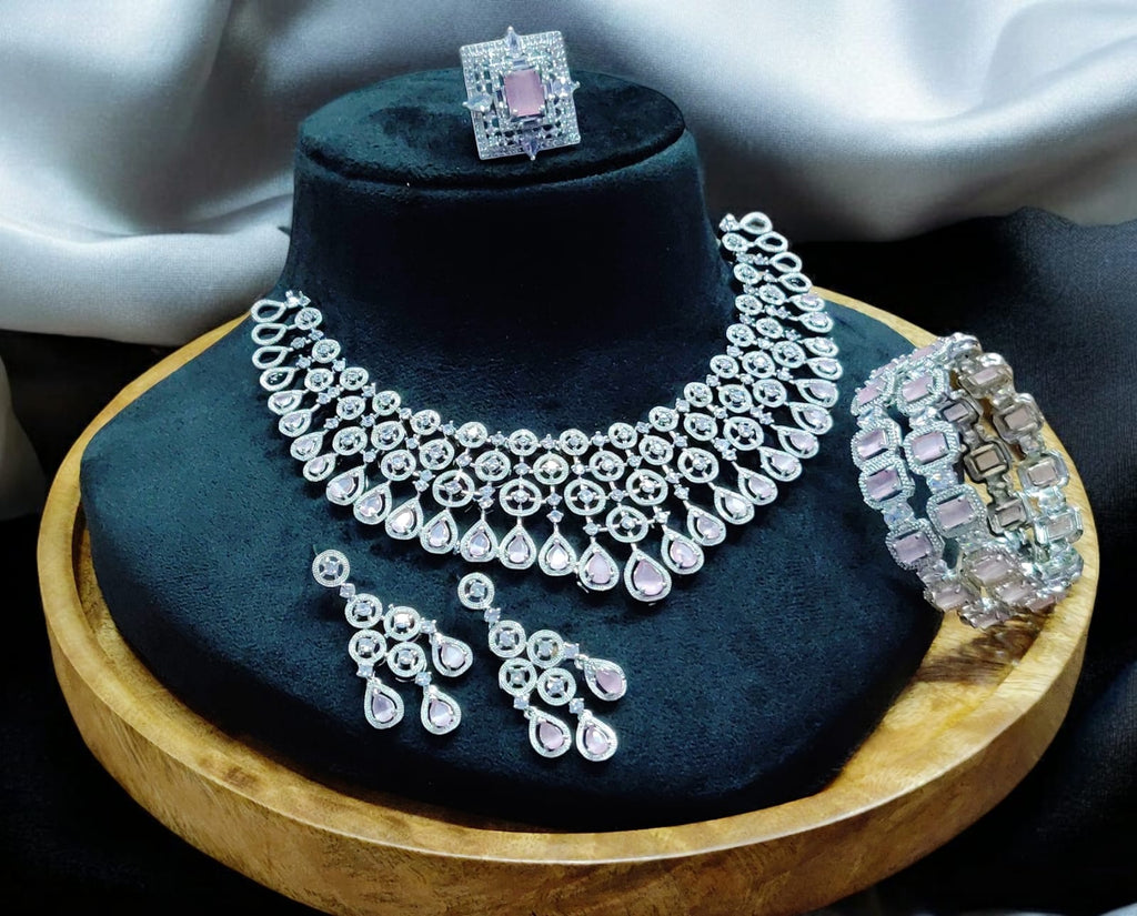 Stunning American Diamond Necklace Earrings Set with Bangles Ring, AD Necklace, AD Earrings Set, AD BAngles, AD Ring, Bridal CZ Jewelry Set, Indian AD Jewelry Set