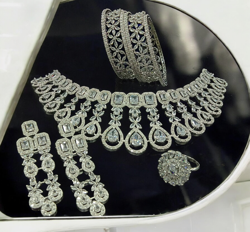 American Diamond CZ Jewelry Indian Necklace Earrings Ring Bangle Set, Cz Earrings, CZ necklace, AD Ring, AD Bangle, Bridal Jewelry