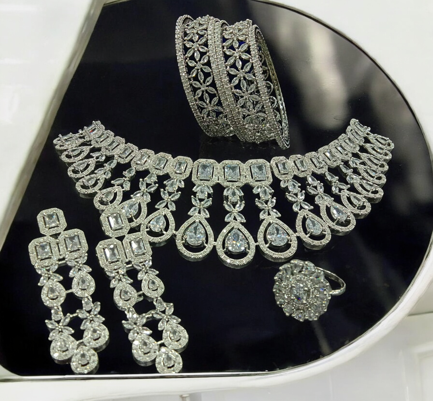 American Diamond CZ Jewelry Indian Necklace Earrings Ring Bangle Set, Cz Earrings, CZ necklace, AD Ring, AD Bangle, Bridal Jewelry