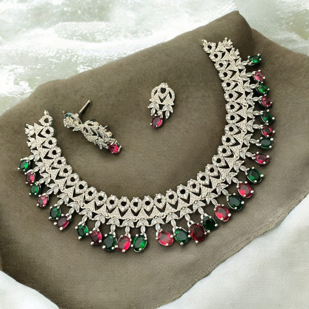 Indian CZ Choker Earrings Bridal Jewellery Set, Indian AD Choker, CZ earrings Set, Wedding AD Jewelry, Pakistani Jewelry Set