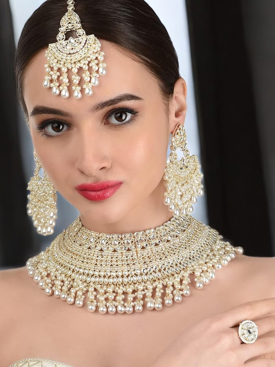 Gold Tone Pearl Choker Necklace earrings Mangtika Ring Set, Bridal Pearl Jewelry Set, Wedding Necklace Ring Set, Mangtika Earrings Set