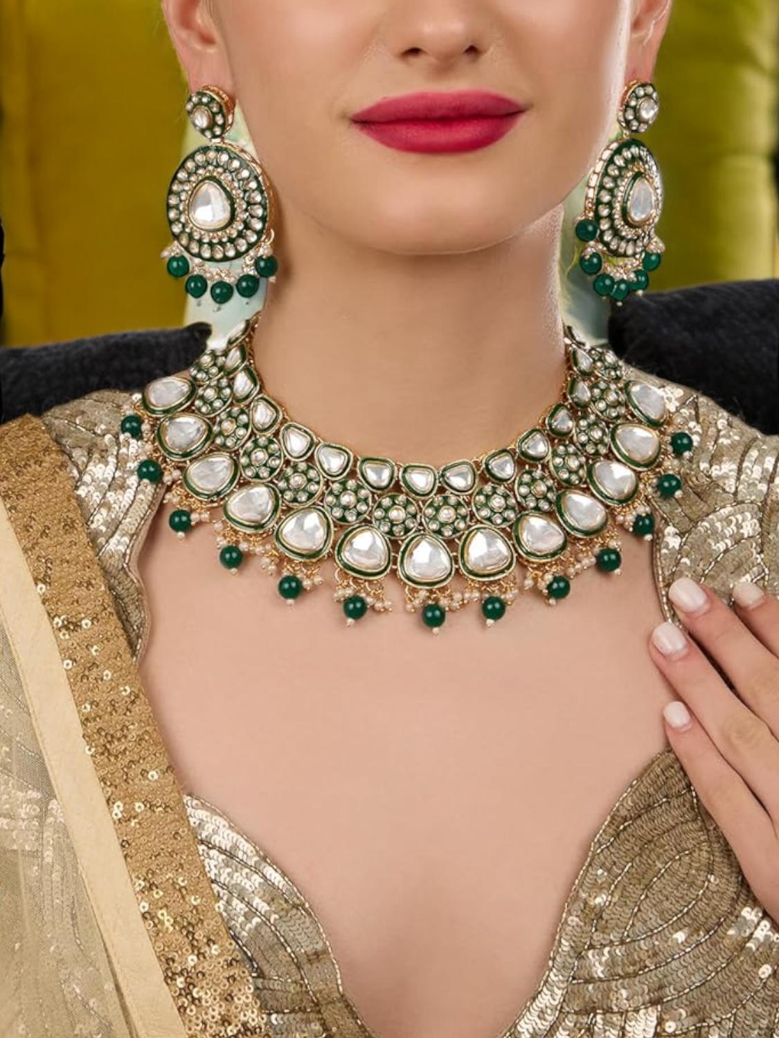 Green Stone Beads Kundan Necklace Earring Maangtika, Indian Pearl Choker Set, Earrings Maangtika Set, Pakistani Jewellery Set